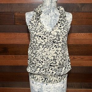 No Brand Tag Lacey V Neck Tan and Black Smocked Halter Tank Top